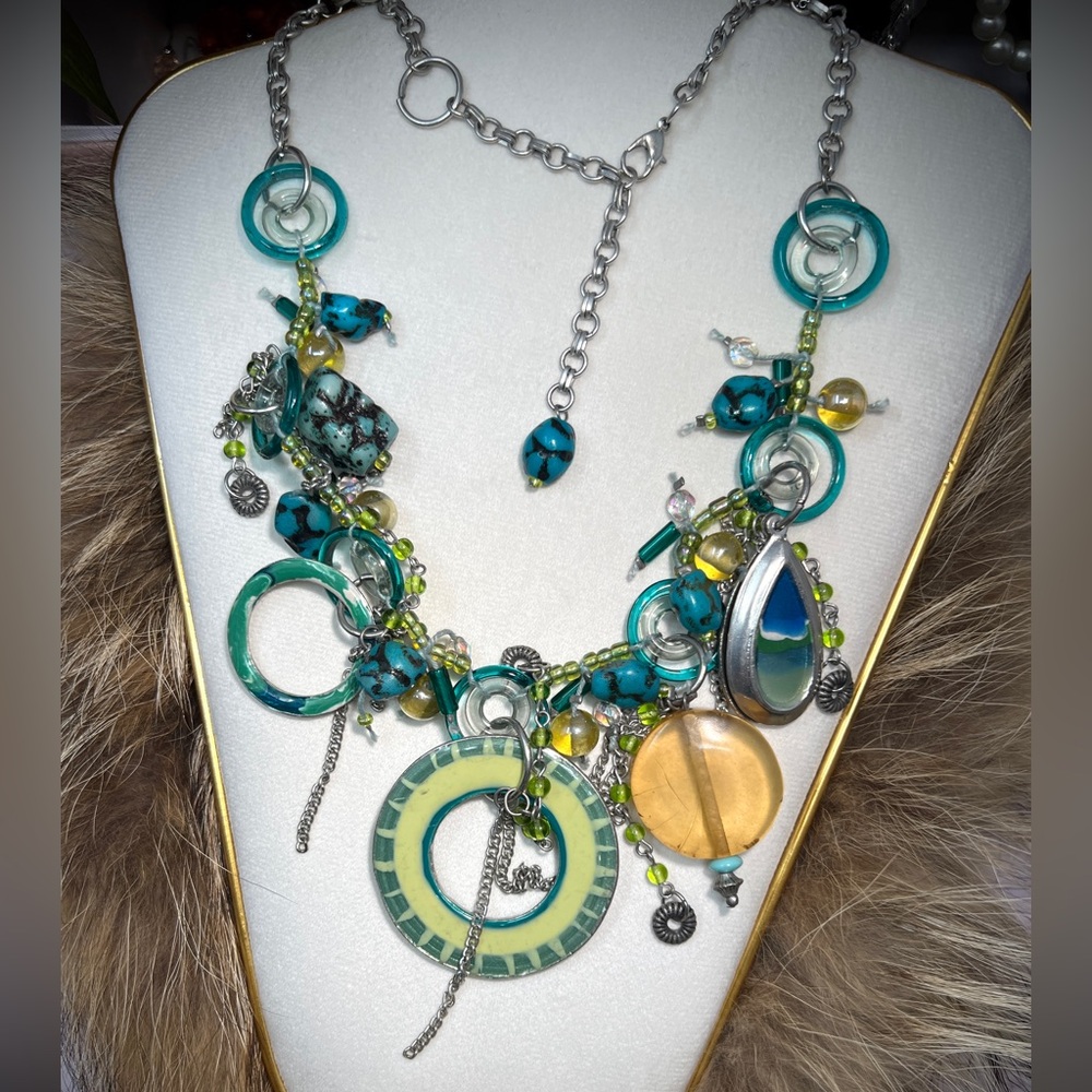 Lucite Glass Blue Green Enamel Mix Beaded Silver tone Chunky Eclectic Necklace